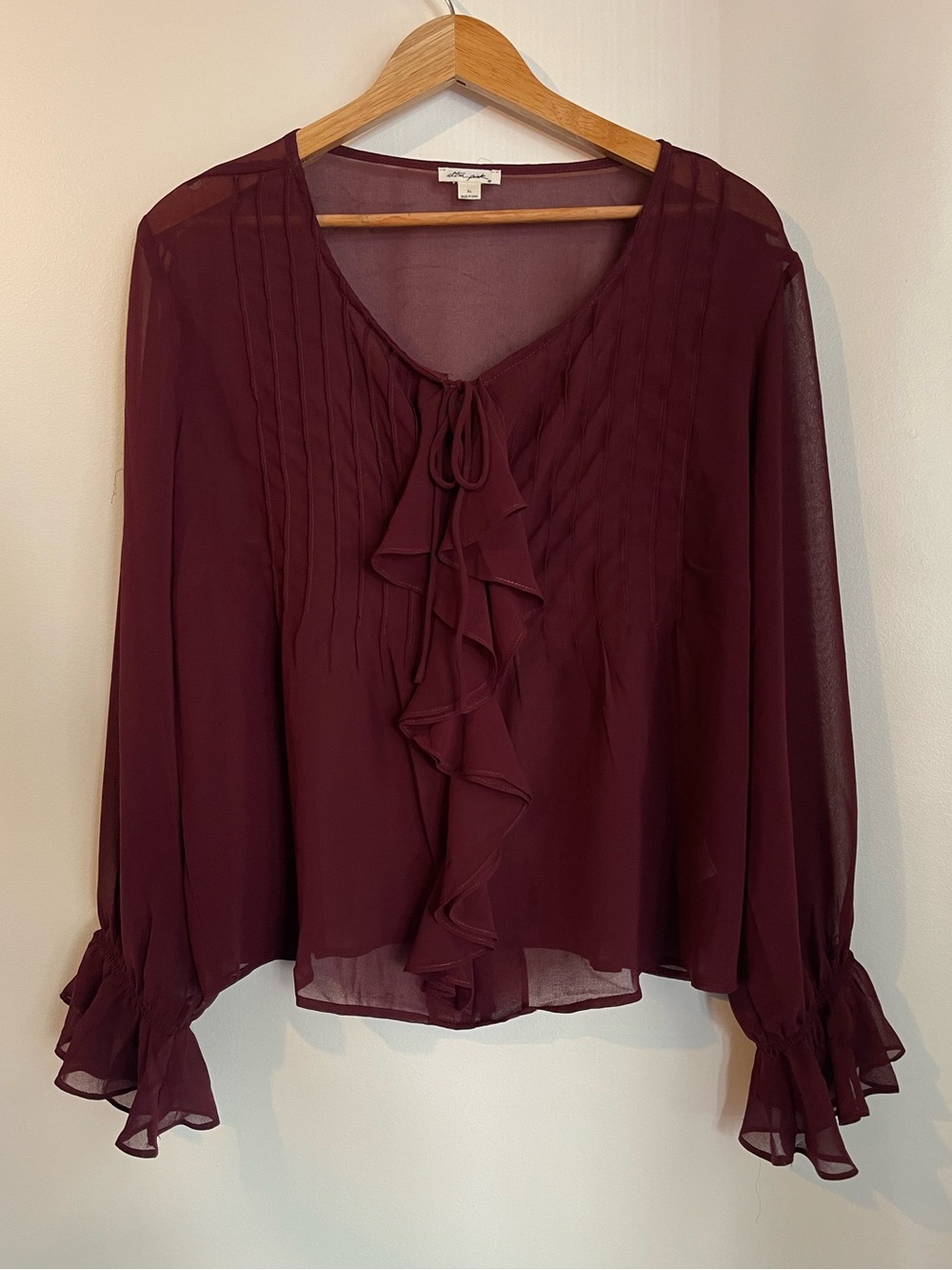 Ultra Pink Maroon Burgundy Sheer Ruffle Blouse Pintuck Long Sleeve Womens XL